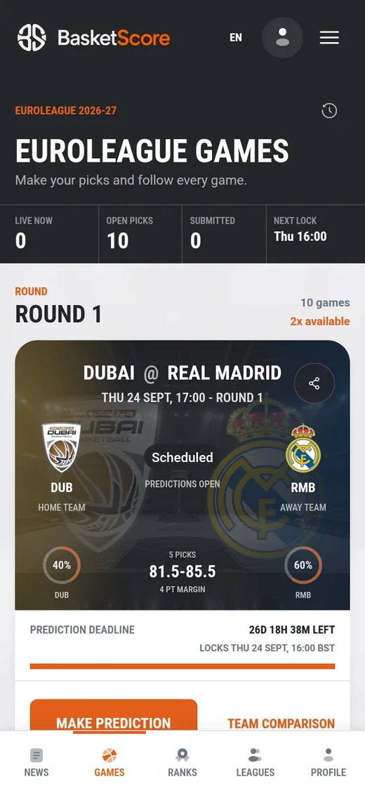BasketScore mobile website EuroLeague games screen