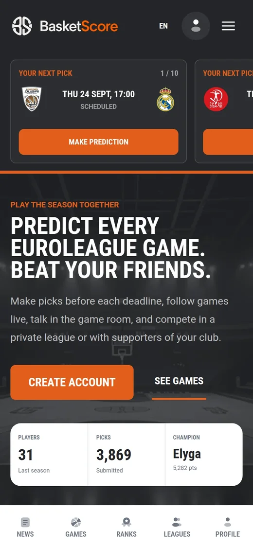 BasketScore mobile website home screen