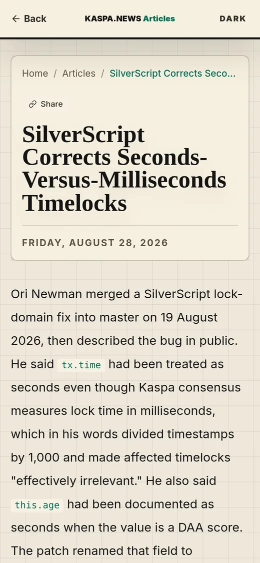 Kaspa News paper-theme mobile article about SilverScript