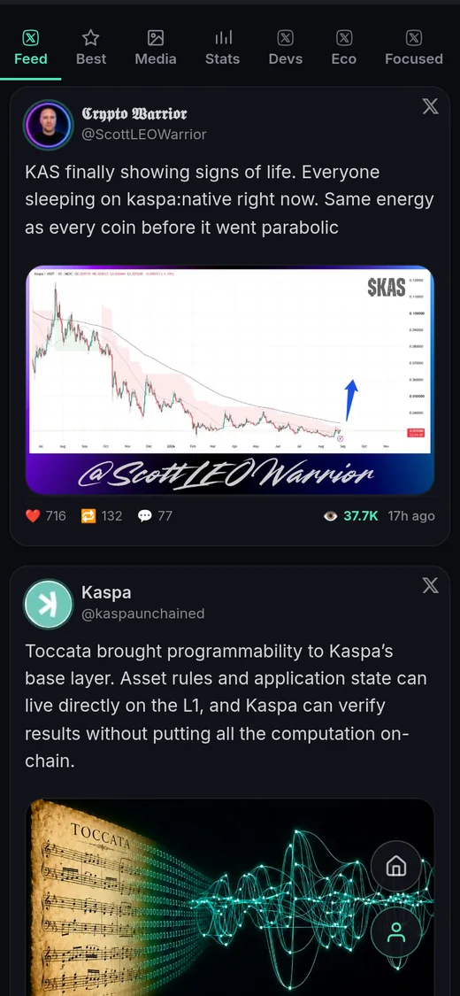 Kaspa News Pro X Feed tab with ranked posts